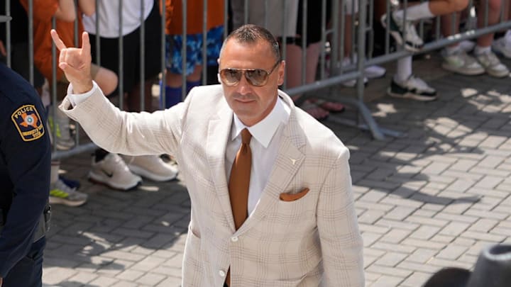 Sep 13, 2025; Austin, Texas, USA; Texas Longhorns head coach Steve Sarkisian enters Darrell K Royal-Texas Memorial Stadium before a game against the Texas El Paso Miners. Mandatory Credit: Scott Wachter-Imagn Images