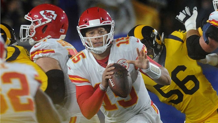 The Chiefs Patrick Mahomes looks for a receiver against the Rams on Monday night. Mahomes completed 33 of 46 passes for 478 yards and six touchdowns with three interceptions. The Chiefs Patrick Mahomes looks for a receiver against the Rams on Monday night. Mahomes completed 33 of 46 passes for 478 yards and six touchdowns with three interceptions.