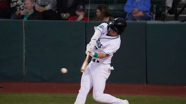 Tortugas Austin Hendrick at bat during opening game at Jackie Robinson Ballpark in Daytona Beach, Friday, April 8, 2022.

Tortugas Opener28