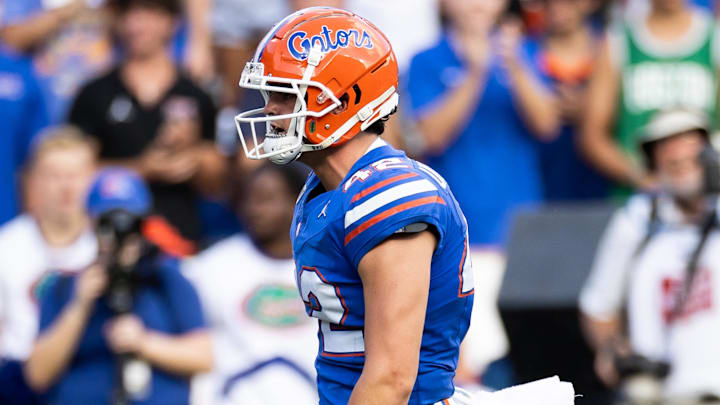 Aug 31, 2024; Gainesville, Florida, USA; Florida Gators long snapper Rocco Underwood (42) celebrates a tackle against the Miami Hurricanes during the second half at Ben Hill Griffin Stadium. Mandatory Credit: Matt Pendleton-Imagn Images