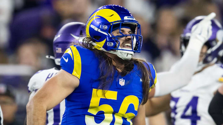 Jan 13, 2025; Glendale, AZ, USA; Los Angeles Rams linebacker Christian Rozeboom (56) celebrates against the Minnesota Vikings during an NFC wild card game at State Farm Stadium. Mandatory Credit: Mark J. Rebilas-Imagn Images
