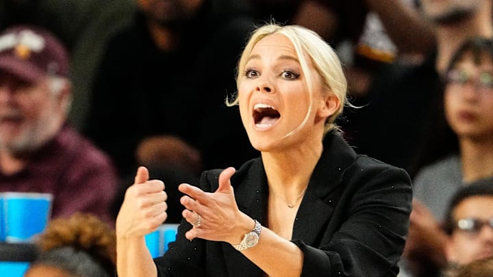 Arizona State Sun Devils head coach Molly Miller reacts during action against the Utah Utes at Desert Financial Arena on Feb. 11, 2026, in Tempe.