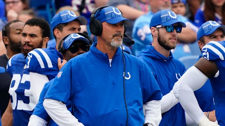 Aug 12, 2023; Orchard Park, New York, USA; Indianapolis Colts defensive coordinator Gus Bradley on the sidelines during the first half against the Buffalo Bills at Highmark Stadium. Mandatory Credit: Gregory Fisher-Imagn Images Aug 12, 2023; Orchard Park, New York, USA; Indianapolis Colts defensive coordinator Gus Bradley on the sidelines during the first half against the Buffalo Bills at Highmark Stadium. Mandatory Credit: Gregory Fisher-Imagn Images