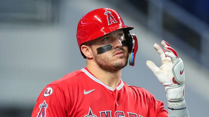 Aug 9, 2026; Miami, Florida, USA; Los Angeles Angels designated hitter Mike Trout (27) looks on against the Miami Marlins at loanDepot Park. Mandatory Credit: Sam Navarro-Imagn Images