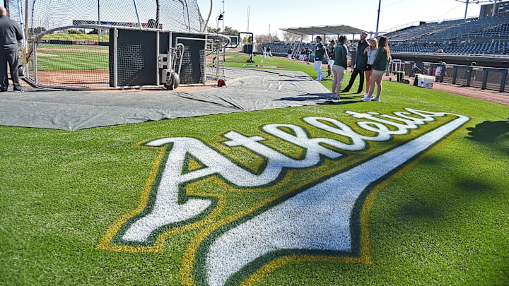 Feb 23, 2018; Mesa, AZ, USA; A general view of a logo on the field prior to the game between the Los