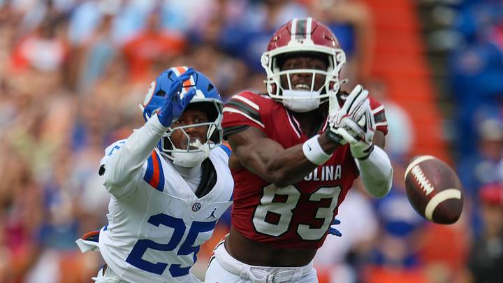 South Carolina wide receiver DJ Black (83) and can’t hang onto the pass under pressure from Florida cornerback Cormani McClain (25) during the second half of an NCAA football at Steve Spurrier Field at Ben Hill Griffin Stadium in Gainesville, FL on Saturday, October 10, 2026. [Alan Youngblood/Gainesville Sun]
