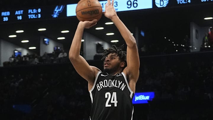 Feb 10, 2024; Brooklyn, New York, USA; Brooklyn Nets shooting guard Cam Thomas (24) shoots a three point jump shot against the San Antonio Spurs during the second half at Barclays Center. Mandatory Credit: Gregory Fisher-Imagn Images Feb 10, 2024; Brooklyn, New York, USA; Brooklyn Nets shooting guard Cam Thomas (24) shoots a three point jump shot against the San Antonio Spurs during the second half at Barclays Center. Mandatory Credit: Gregory Fisher-Imagn Images
