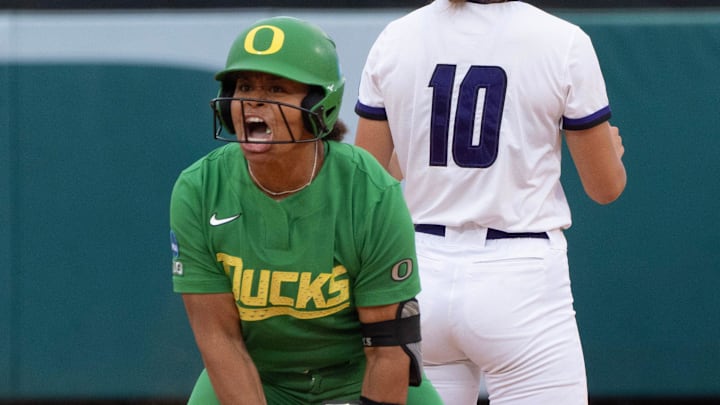 Oregon’s Dezianna Patmon celebrates a double against Weber State at the Eugene NCAA Softball Regional at Jane Sanders Stadium.