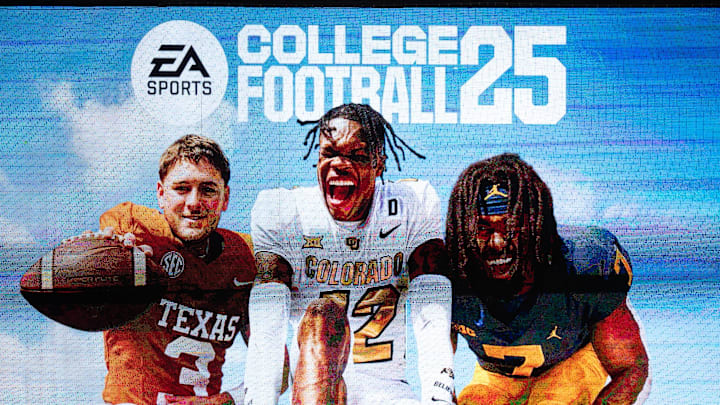 A commercial for the College Football 25 video game, featuring Texas Football quarterback Quinn Ewers plays during the fifth inning of the Longhorns' baseball game against the Kansas Jayhawks, Thursday, May 16, 2024 at UFCU Disch-Falk Field in Austin.