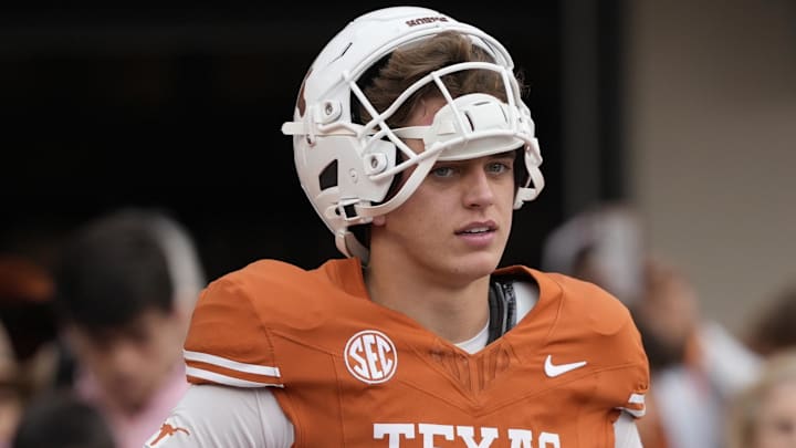 Nov 1, 2025; Austin, Texas, USA; Texas Longhorns quarterback Arch Manning (16) warms up before a game against the Vanderbilt Commodores at Darrell K Royal-Texas Memorial Stadium.