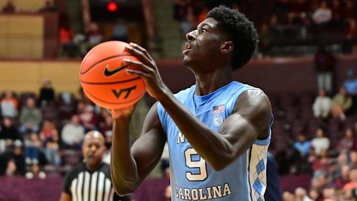 Mar 4, 2025; Blacksburg, Virginia, USA;  North Carolina Tar Heels guard Drake Powell (9) shoots the ball during the second half at Cassell Coliseum. Mandatory Credit: Brian Bishop-Imagn Images
