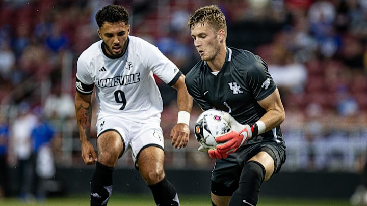 Kentucky goalkeeper Casper Mols (1) hauled in a shot during first half action as the Louisville Cardinals hosted the Kentucky Wildcats in a top-25 men's soccer matchup at Dr. Mark and Cindy Lynn Stadium on Tuesday, Sept. 5, 2023
