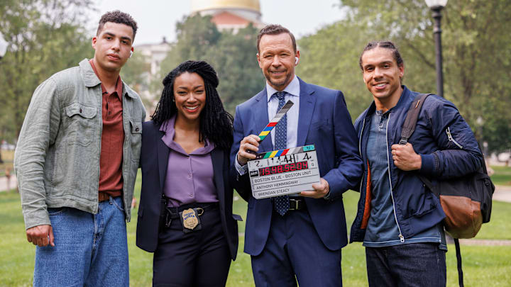 "Pilot" - Boston Blue. Pictured (L-R): Marcus Scribner as Jonah Silver, Sonequa Martin-Green as Lena Silver, Donnie Wahlberg as Danny Reagan, and Jeramie Burgos as Caleb Bruce Photo Credit: Michele Crowe/CBS ©2025 CBS Broadcasting, Inc. All Rights Reserved.