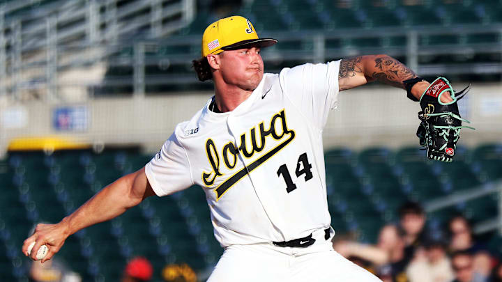 Brody Brecht (14) of Iowa throws strikes as the Florida International University Panthers play the Iowa Hawks in a three-game series at Principal Park in Des Moines on Thursday, May 16, 2024.