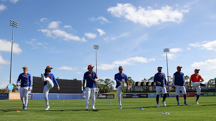 The New York Mets report to first day of full-squad workout during Spring Training at Clover Park on Monday, Feb. 17, 2025, in Port St. Lucie.