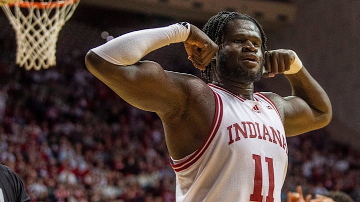 Indiana's Oumar Ballo (11) flexes during the Indiana versus University of Southern California men's basketball game at Simon Skjodt Assembly Hall on Wednesday, Jan. 8, 2025.