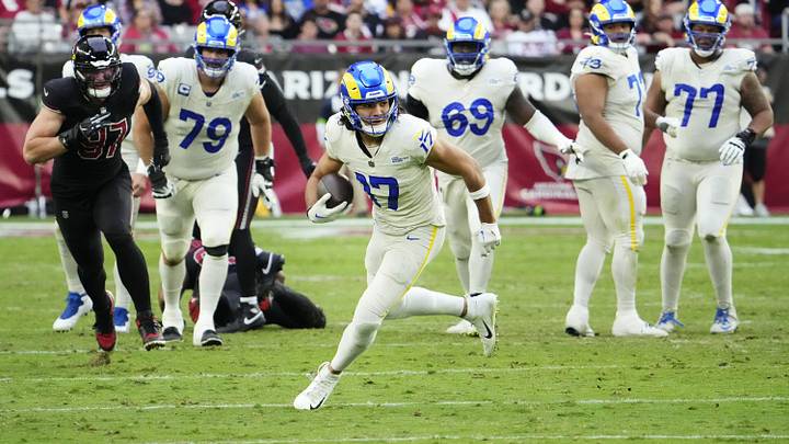 Los Angeles Rams wide receiver Puka Nacua (17) breaks down field against the Arizona Cardinals in the second half at State Farm Stadium in Glendale on Nov. 26, 2023.