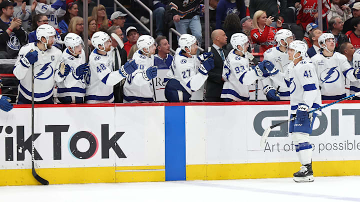 Mar 1, 2025; Washington, District of Columbia, USA; Tampa Bay Lightning right wing Mitchell Chaffee (41) celebrates with teammates after scoring a goal against the Washington Capitals in the first period at Capital One Arena. Mandatory Credit: Geoff Burke-Imagn Images