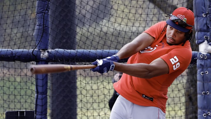Feb 19, 2026; West Palm Beach, FL, USA;  Washington Nationals left fielder James Wood (29) takes batting practice during spring training workouts at CACTI Park of the Palm Beaches. Mandatory Credit: Reinhold Matay-Imagn Images