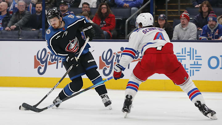 Jan 16, 2023; Columbus, Ohio, USA; Columbus Blue Jackets center Jack Roslovic (96) wrists a shot on