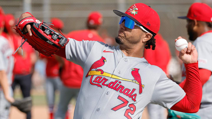 Feb 16, 2026; Jupiter, FL, USA;  St. Louis Cardinals Chase Davis (72) throws a ball during spring training workouts at Roger Dean Stadium. Mandatory Credit: Reinhold Matay-Imagn Images