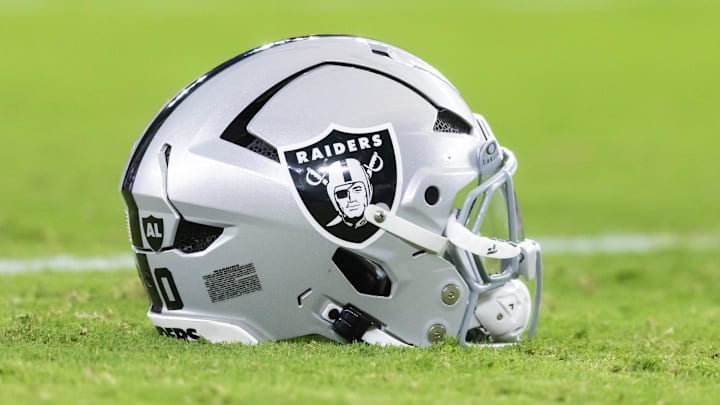 Aug 23, 2025; Glendale, Arizona, USA; Detailed view of a Las Vegas Raiders helmet during a preseason NFL game at State Farm Stadium. Mandatory Credit: Mark J. Rebilas-Imagn Images