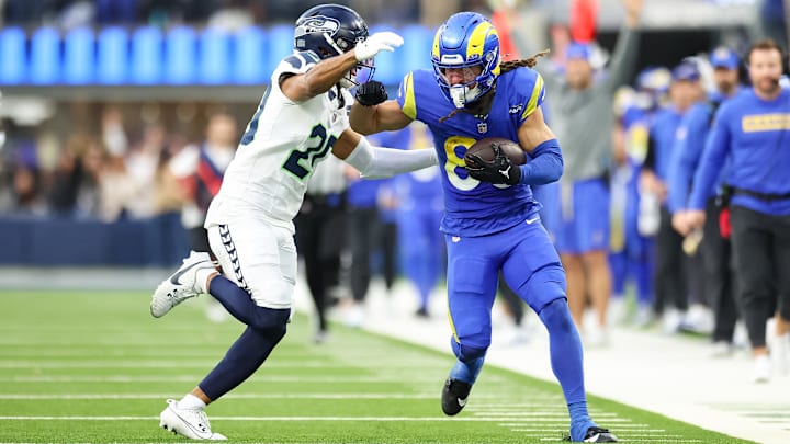 Jan 5, 2025; Inglewood, California, USA;   Loa Angeles Rams Wide Receiver Jordan Whittington (88) breaks free of a tackle and runs down the open field at SoFi Stadium for the Seattle Seahawks at Los Angeles Rams Week 18 matchup. Mandatory Credit: William Navarro-Imagn Images