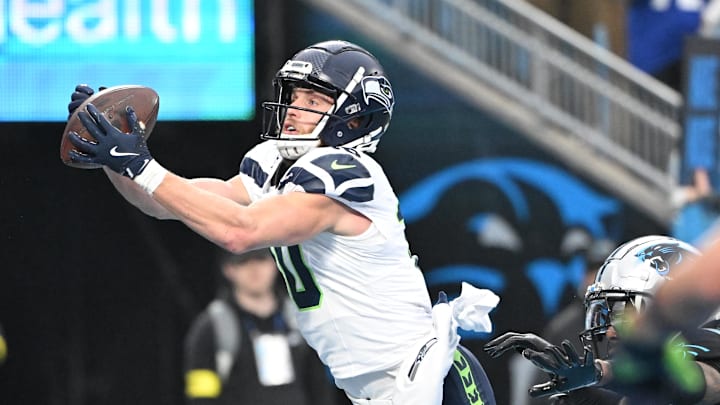 Dec 28, 2025; Charlotte, North Carolina, USA; Seattle Seahawks wide receiver Cooper Kupp (10) attempts a catch in the endzone as Carolina Panthers cornerback Jaycee Horn (8) defends in the fourth quarter at Bank of America Stadium. Mandatory Credit: Bob Donnan-Imagn Images Dec 28, 2025; Charlotte, North Carolina, USA; Seattle Seahawks wide receiver Cooper Kupp (10) attempts a catch in the endzone as Carolina Panthers cornerback Jaycee Horn (8) defends in the fourth quarter at Bank of America Stadium. Mandatory Credit: Bob Donnan-Imagn Images