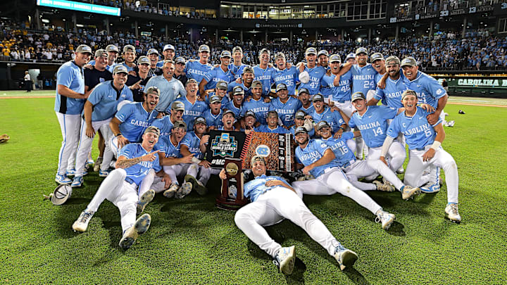 Jun 8, 2024; Chapel Hill, NC, USA; The North Carolina Tar Heels celebrate after winning the DI Baseball Super Regional over the West Virginia Mountaineers at Boshamer Stadium. Mandatory Credit: Jeffrey Camarati-USA TODAY Sports
