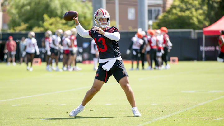 Jun 11, 2025; Santa Clara, CA, USA; San Francisco 49ers quarterback Brock Purdy (13) throws a pass during a team OTA at Levi's Stadium. Mandatory Credit: D. Ross Cameron-Imagn Images