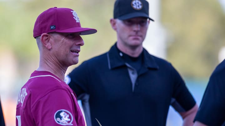 FloridaÕs Kevin OÕ Sullivan and FSUÕs Link Jarrett meet before the start of the game, March 10, 2026, at Condron Family Ballpark in Gainesville, Florida. [Cyndi Chambers/ Gainesville Sun] 2026