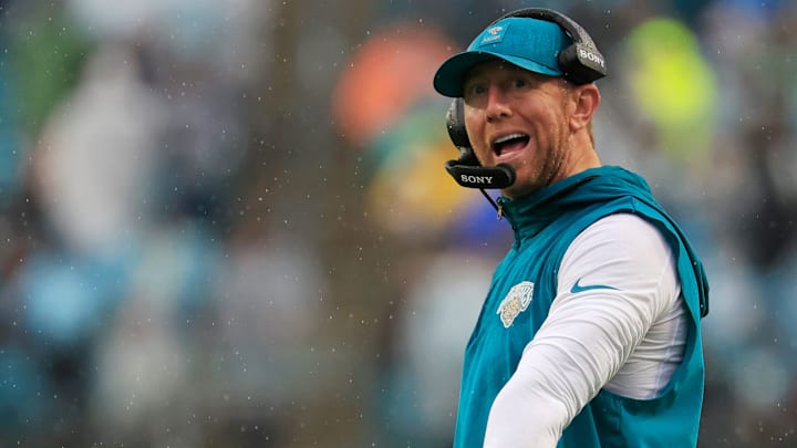 Jacksonville Jaguars head coach Liam Coen challenges the spot of the down during the fourth quarter of an NFL football game at EverBank Stadium, Sunday, Dec. 7, 2025, in Jacksonville, Fla. The Jaguars defeated the Colts 36-19. [Corey Perrine/Florida Times-Union]