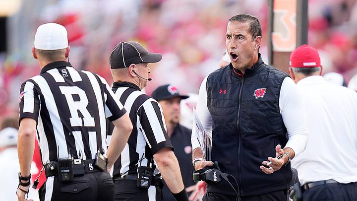 Wisconsin Head Coach Luke Fickell reacts to linebacker Kaden Johnson (52) foul during the fourth quarter of the game against Buffalo on Saturday September 2, 2023 at Camp Randall Stadium in Madison, Wis.