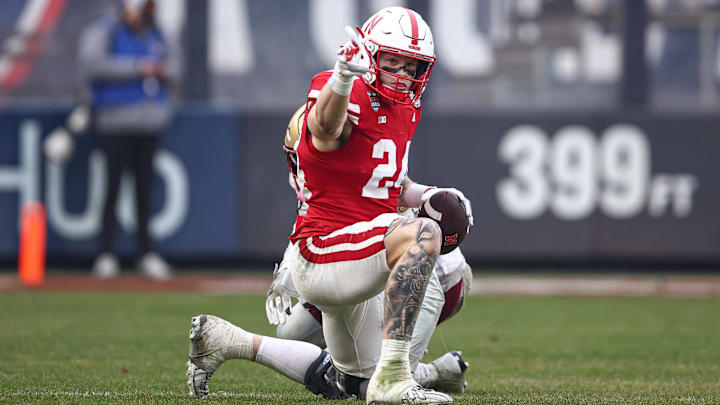 Dec 28, 2024; Bronx, NY, USA; Nebraska Cornhuskers tight end Thomas Fidone II (24) celebrates after a first down during the first half against the Boston College Eagles at Yankee Stadium. Dec 28, 2024; Bronx, NY, USA; Nebraska Cornhuskers tight end Thomas Fidone II (24) celebrates after a first down during the first half against the Boston College Eagles at Yankee Stadium.