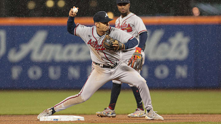 Apr 28, 2023; New York City, New York, USA; Atlanta Braves shortstop Vaughn Grissom (18) forces out
