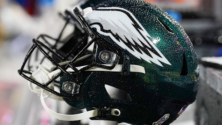 Nov 20, 2023; Kansas City, Missouri, USA; A general view of a Philadelphia Eagles helmet against the Kansas City Chiefs prior to a game at GEHA Field at Arrowhead Stadium. Mandatory Credit: Denny Medley-Imagn Images Nov 20, 2023; Kansas City, Missouri, USA; A general view of a Philadelphia Eagles helmet against the Kansas City Chiefs prior to a game at GEHA Field at Arrowhead Stadium. Mandatory Credit: Denny Medley-Imagn Images