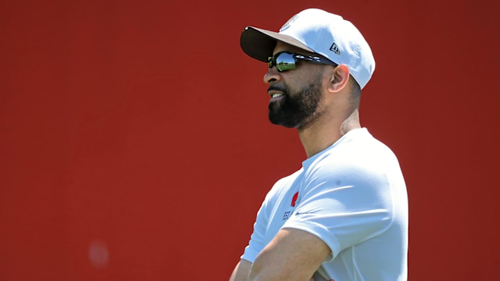 Cleveland Browns general manager Andrew Berry watches practice on the second day of rookie minicamp May 10, 2025, in Berea, Ohio.