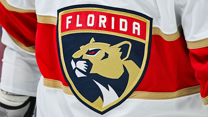 Nov 30, 2023; Montreal, Quebec, CAN; View of a Florida Panthers logo on a jersey worn by a member of the team during warm-up before the game against the Montreal Canadiens at Bell Centre. Mandatory Credit: David Kirouac-Imagn Images