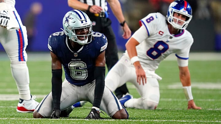 Dallas Cowboys safety Donovan Wilson (6) reacts to sacking New York Giants quarterback Daniel Jones