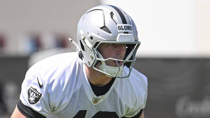 Las Vegas Raiders defensive end Cian Slone runs through a drill during a Rookie Minicamp. Las Vegas Raiders defensive end Cian Slone runs through a drill during a Rookie Minicamp.