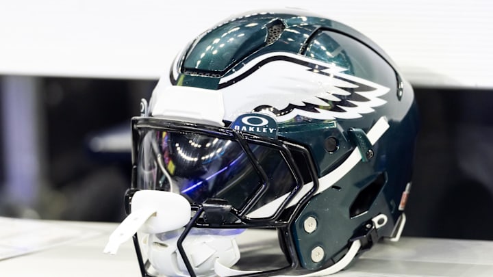 Feb 9, 2025; New Orleans, LA, USA; Detailed view of a Philadelphia Eagles helmet during Super Bowl LIX at Ceasars Superdome. Mandatory Credit: Mark J. Rebilas-Imagn Images Feb 9, 2025; New Orleans, LA, USA; Detailed view of a Philadelphia Eagles helmet during Super Bowl LIX at Ceasars Superdome. Mandatory Credit: Mark J. Rebilas-Imagn Images