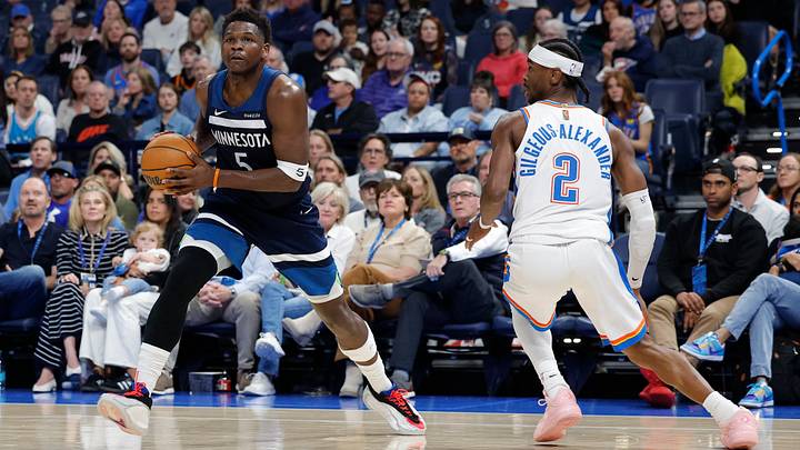 Mar 15, 2026; Oklahoma City, Oklahoma, USA; Minnesota Timberwolves guard Anthony Edwards (5) drives past Oklahoma City Thunder guard Shai Gilgeous-Alexander (2) during the second half at Paycom Center. Mandatory Credit: Alonzo Adams-Imagn Images Mar 15, 2026; Oklahoma City, Oklahoma, USA; Minnesota Timberwolves guard Anthony Edwards (5) drives past Oklahoma City Thunder guard Shai Gilgeous-Alexander (2) during the second half at Paycom Center. Mandatory Credit: Alonzo Adams-Imagn Images
