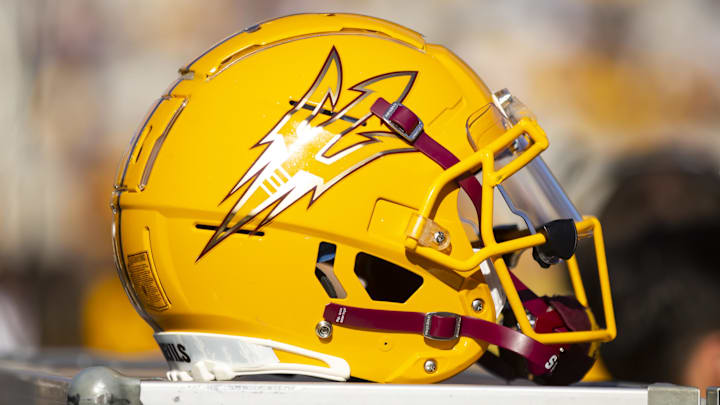 Nov 19, 2022; Tempe, Arizona, USA; Detailed view of an Arizona State Sun Devils helmet at Sun Devil Stadium. Mandatory Credit: Mark J. Rebilas-Imagn Images Nov 19, 2022; Tempe, Arizona, USA; Detailed view of an Arizona State Sun Devils helmet at Sun Devil Stadium. Mandatory Credit: Mark J. Rebilas-Imagn Images