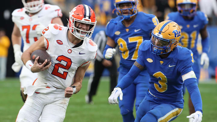 Nov 16, 2024; Pittsburgh, Pennsylvania, USA; Clemson Tigers quarterback Cade Klubnik (2) runs on his way to scoring a game winning fifty-yard touchdown during the fourth quarter to defeat the Pittsburgh Panthers at Acrisure Stadium. 
