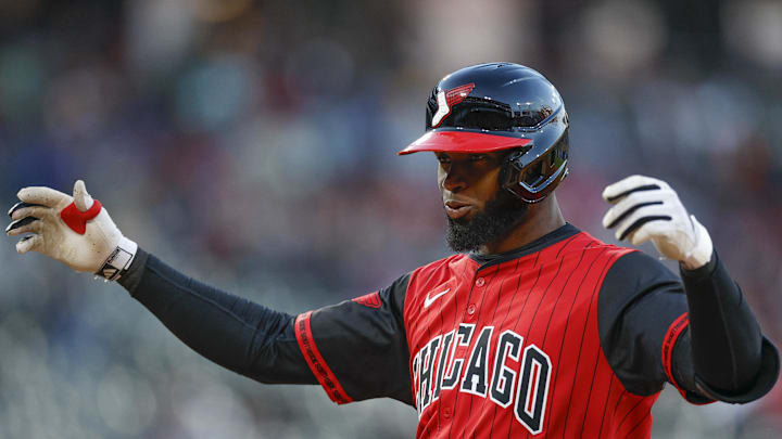 May 23, 2025; Chicago, Illinois, USA; Chicago White Sox center fielder Luis Robert Jr. (88) celebrates after hitting an RBI-single against the Texas Rangers during the third inning at Rate Field. Mandatory Credit: Kamil Krzaczynski-Imagn Images May 23, 2025; Chicago, Illinois, USA; Chicago White Sox center fielder Luis Robert Jr. (88) celebrates after hitting an RBI-single against the Texas Rangers during the third inning at Rate Field. Mandatory Credit: Kamil Krzaczynski-Imagn Images