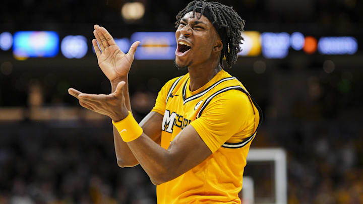 Dec 8, 2024; Columbia, Missouri, USA; Missouri Tigers guard Anthony Robinson II (0) celebrates during the second half against the Kansas Jayhawks at Mizzou Arena. Mandatory Credit: Jay Biggerstaff-Imagn Images