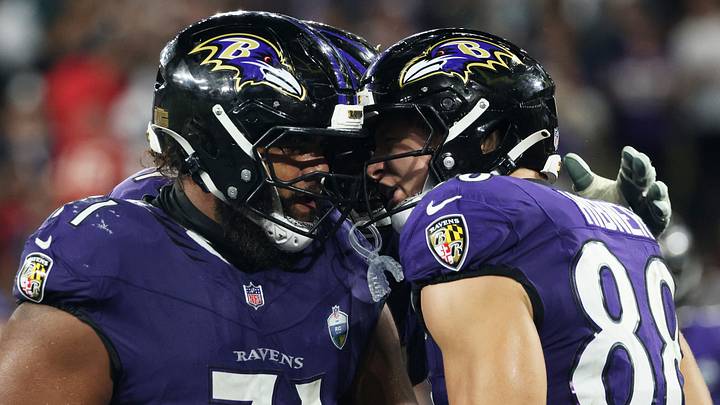 Football - NFL - Baltimore Ravens v Dallas Cowboys - Estadio Maracana, Rio de Janeiro, Brazil - September 27, 2026 Baltimore Ravens' Matthew Hibner celebrates scoring their fourth touchdown with Olaivavega Ioane REUTERS/Sergio Moraes