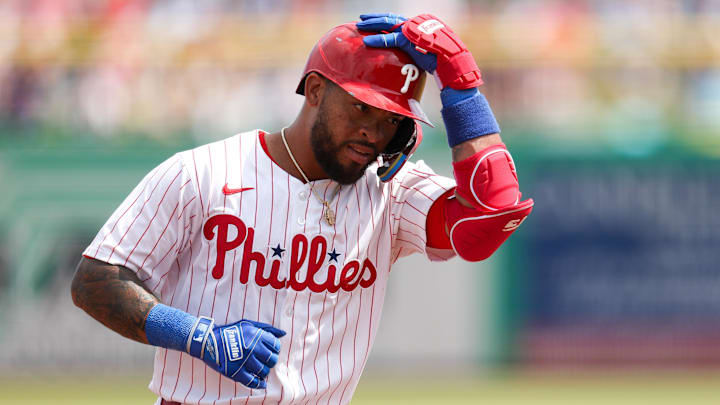 Mar 9, 2025; Clearwater, Florida, USA; Philadelphia Phillies shortstop Edmundo Sosa (33) runs the bases after hitting a solo home run against the Baltimore Orioles.