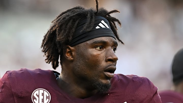 Sep 21, 2024; College Station, Texas, USA; Texas A&M Aggies running back Le'Veon Moss (8) looks on prior to the game against the Bowling Green Falcons at Kyle Field.