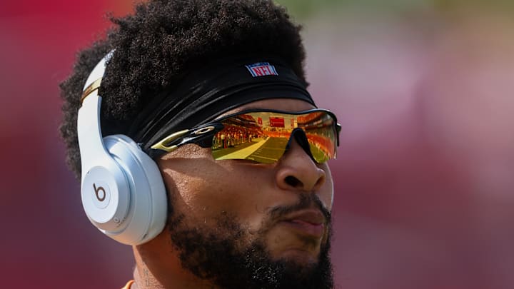 Oct 27, 2024; Tampa, Florida, USA; Tampa Bay Buccaneers safety Antoine Winfield Jr. (31) warms up before a game against the Atlanta Falcons at Raymond James Stadium. Mandatory Credit: Nathan Ray Seebeck-Imagn Images